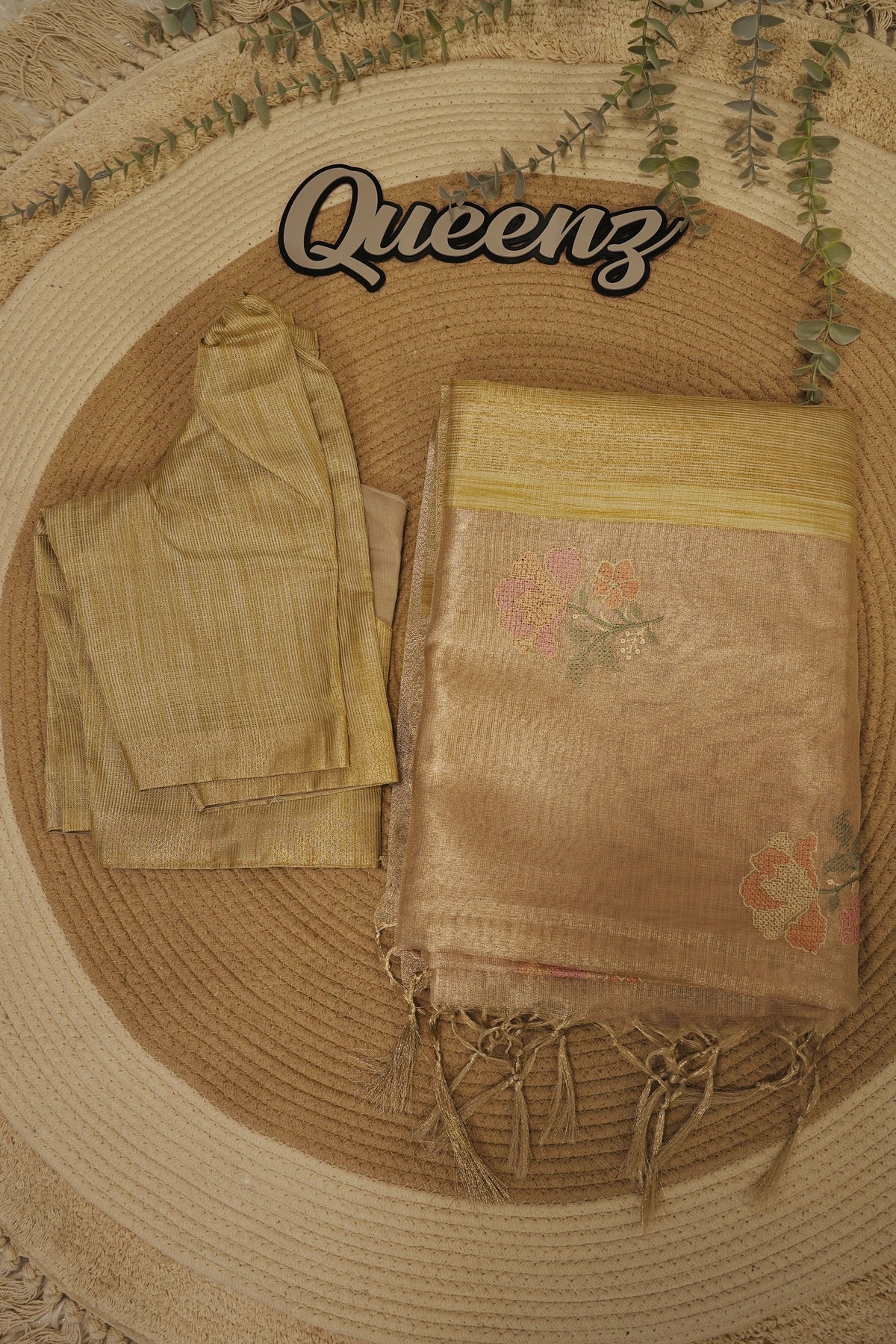 Antique Gold Tissue Saree With Blouse