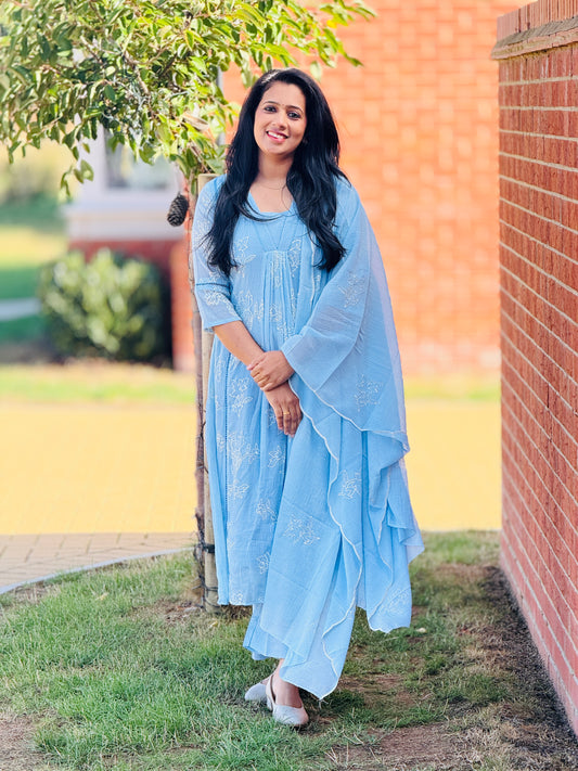 Premium Mul Chiffon Sky Blue Anarkali Set