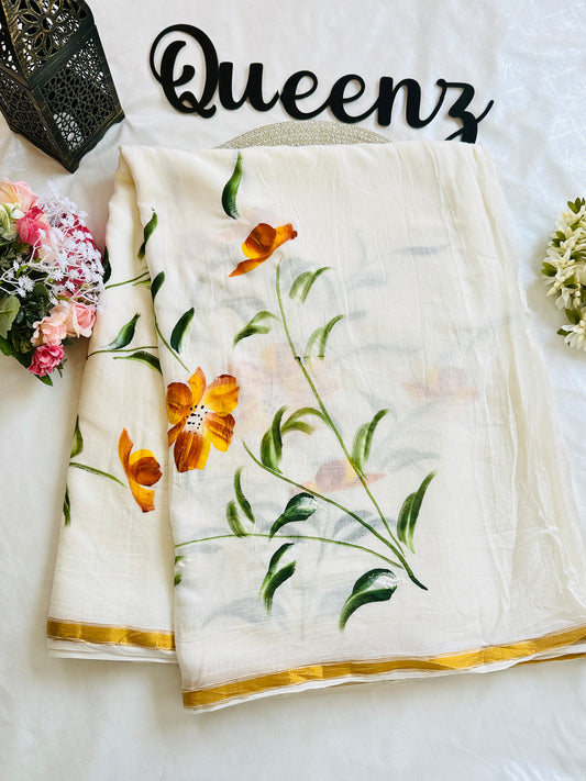 SS347- Floral Hand Painted Mul Cotton Saree