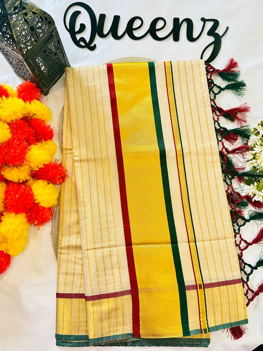 SS319 Maroon with Green lined Kerala Tissue Saree