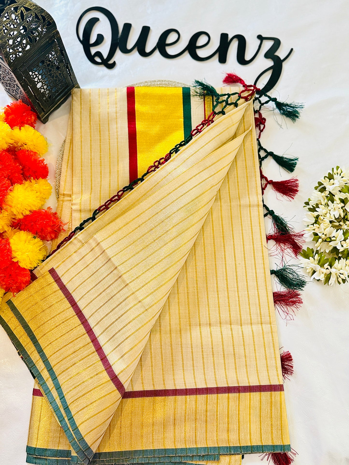 SS319 Maroon with Green lined Kerala Tissue Saree