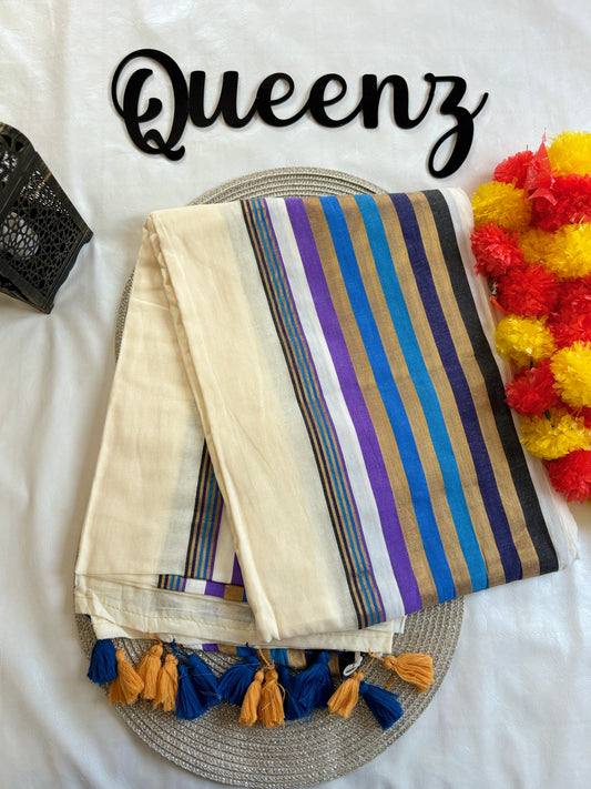 QMC007- Multicolor Blue Border Mul Cotton Saree