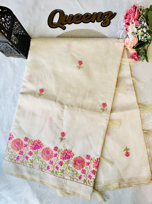 Off-White Semi Tussar Floral Embroidery Saree – view 2 of 2