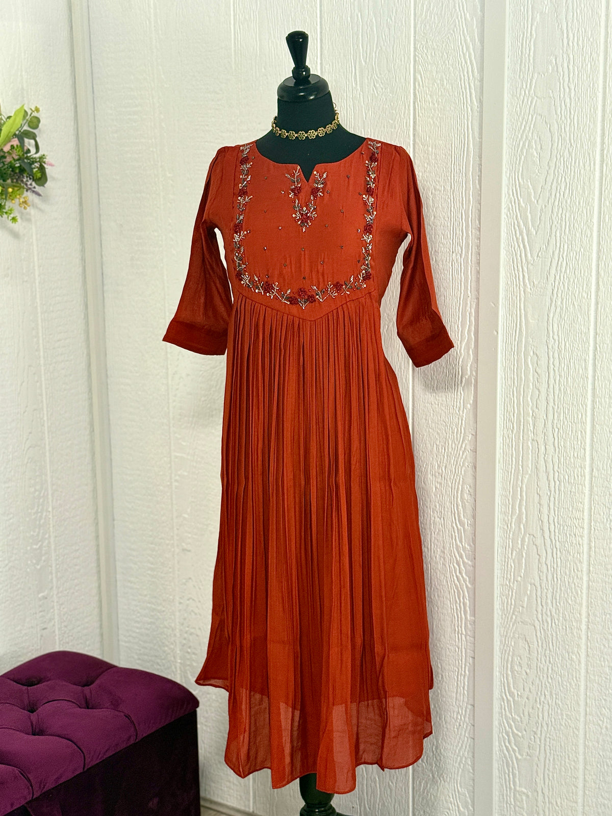 Chanderi Rust Pleated Kurta