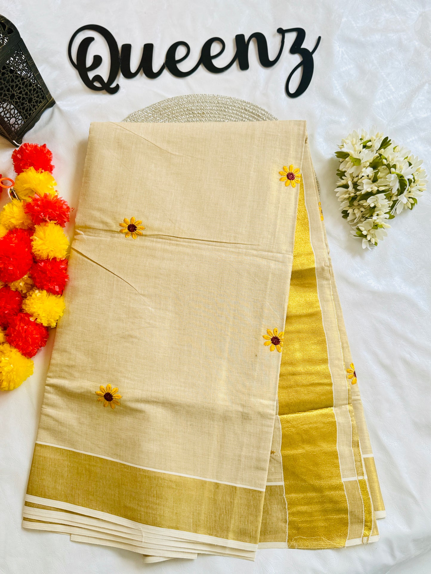 SS342- Sun flower Embroidery Tissue Saree