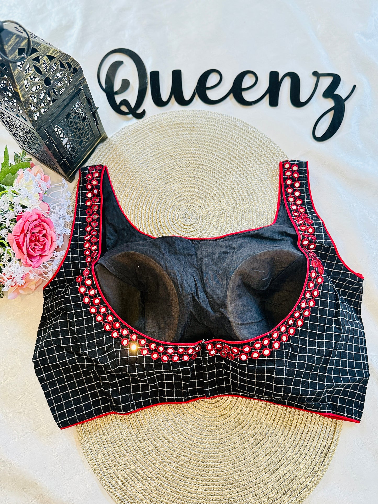 QB098- Mirror Worked Jamdhani Sleeveless Blouse