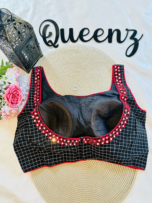 QB098- Mirror Worked Jamdhani Sleeveless Blouse