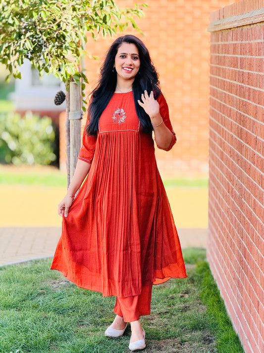 Rust Orange Mul Chanderi Coord Set
