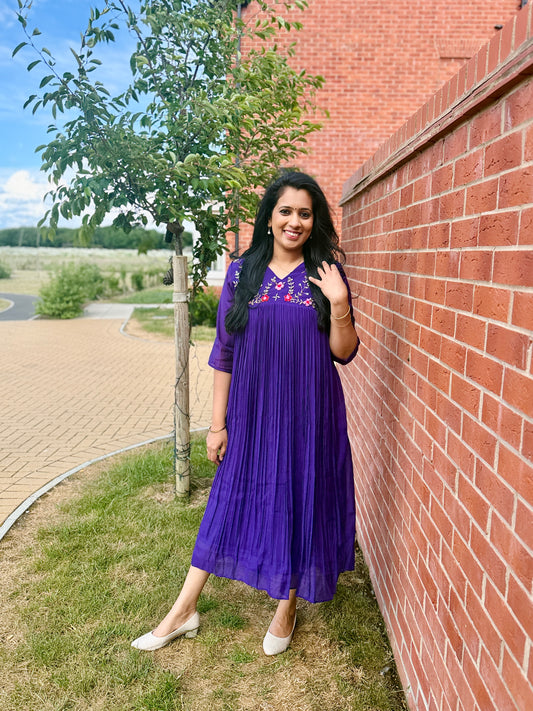 QS625-Purple Pleated Mul Chanderi Kurta