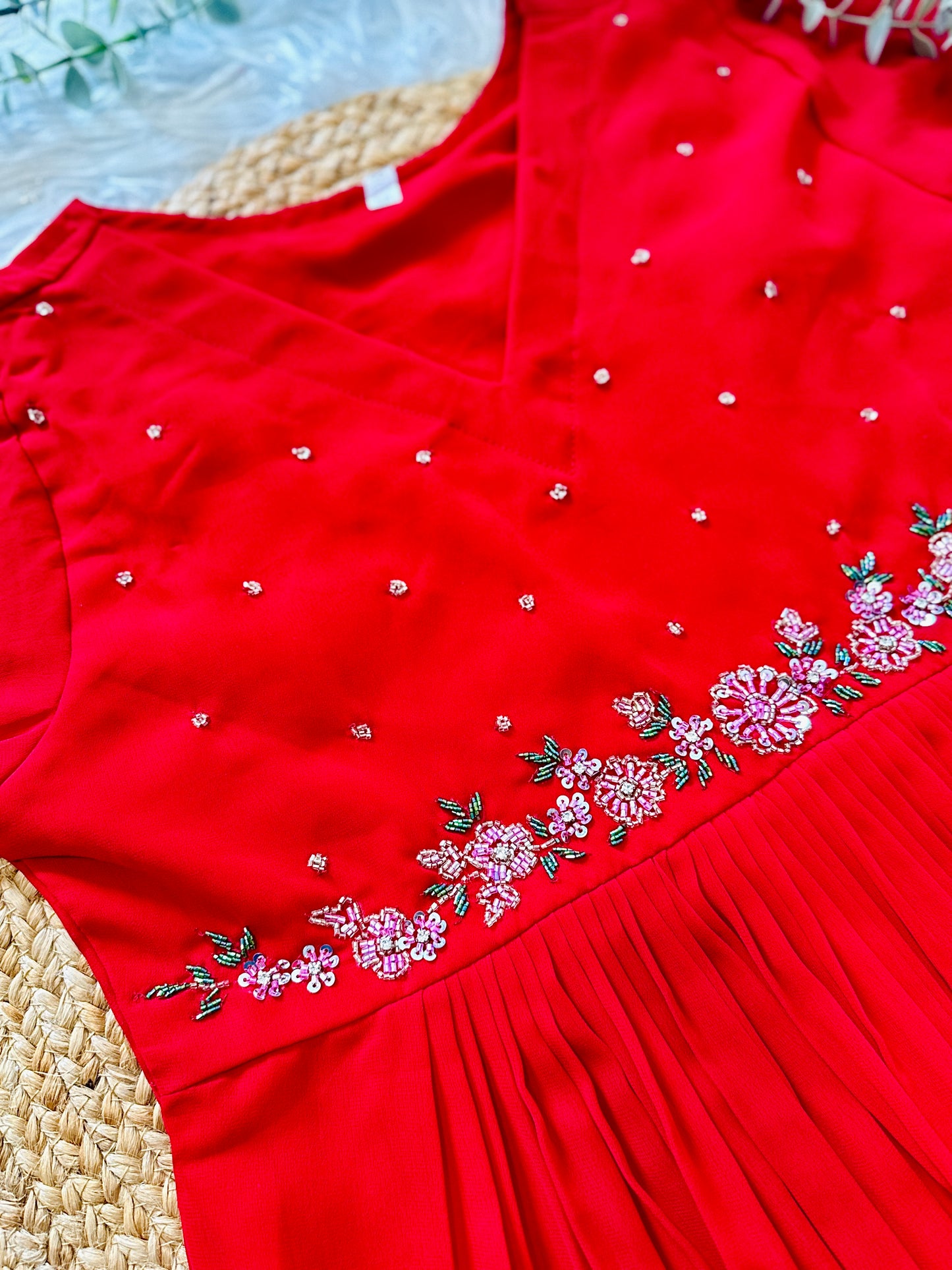 QS647-Red Georget Pleated Kurta