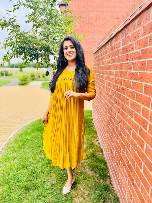 QS653-Mustard Yellow Mul Chanderi Kurta
