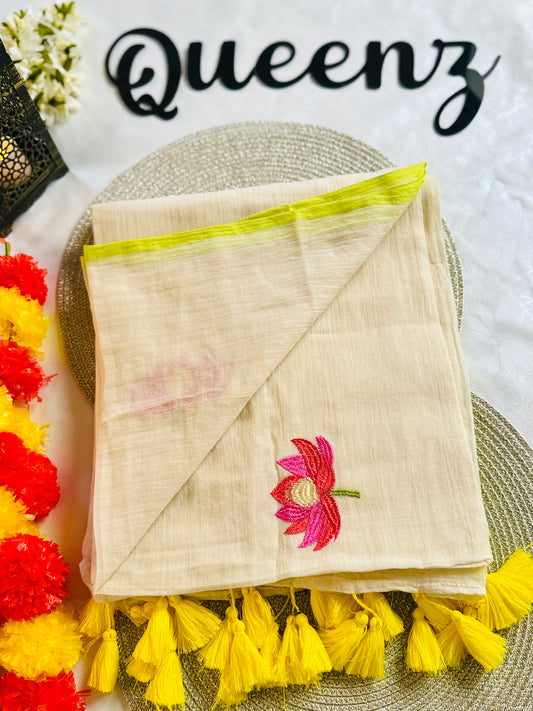 QMC008-Lotus Embroidery Mul Cotton Saree
