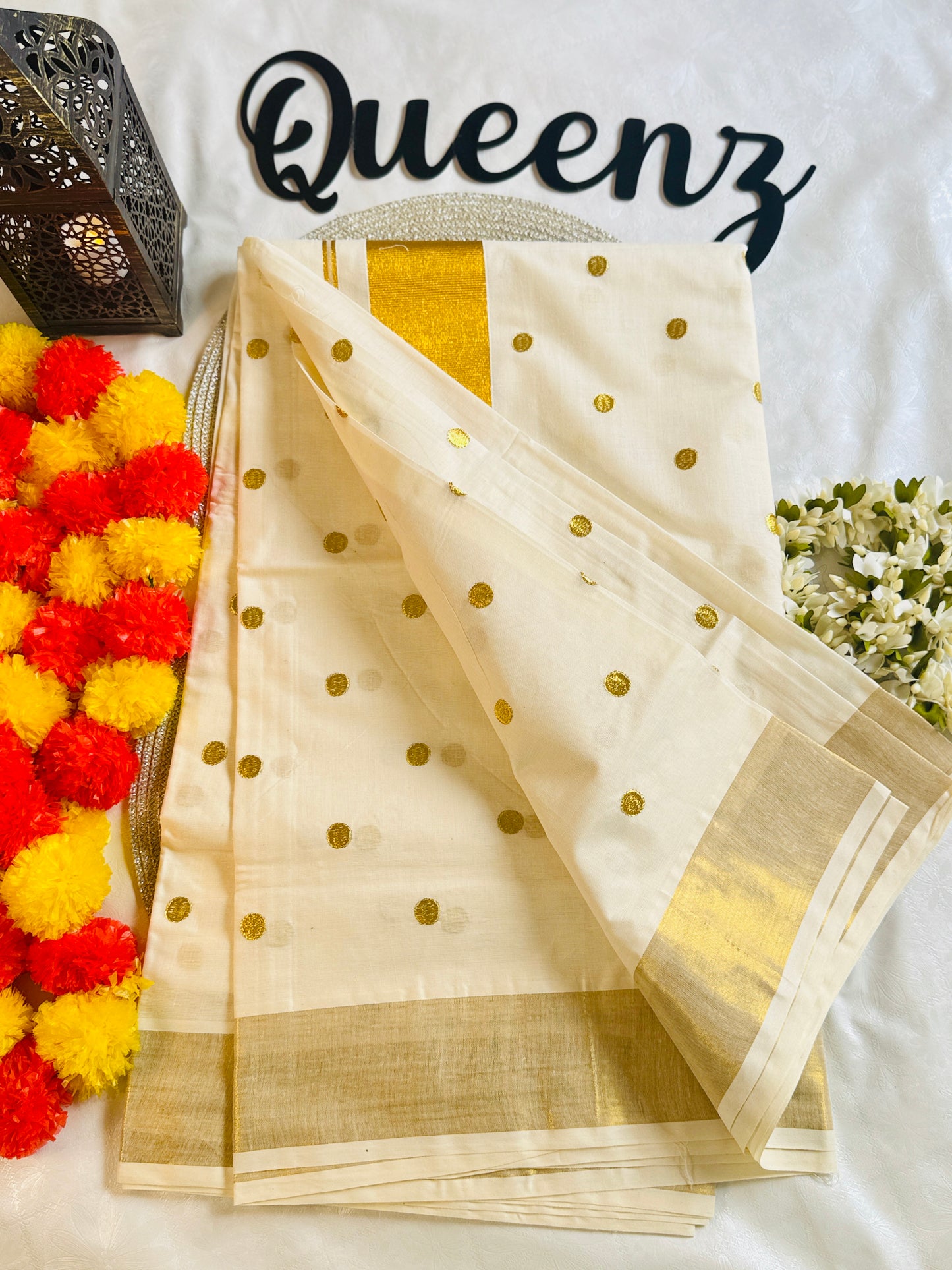 SS201-Polka Embroidery Kerala Saree