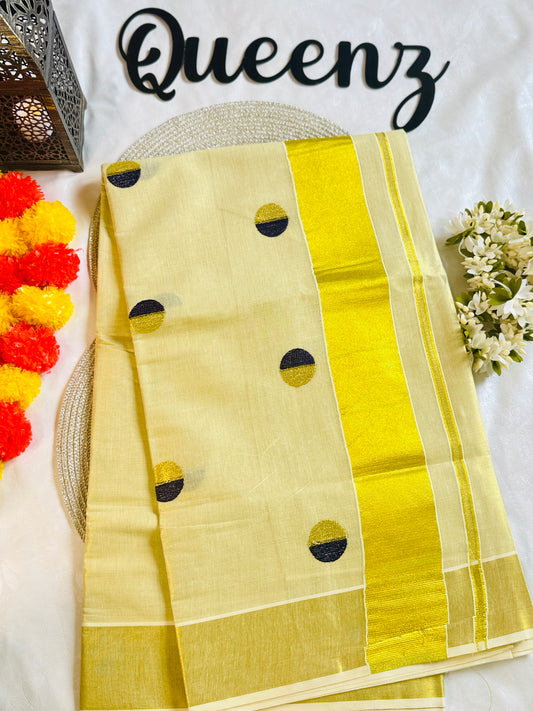 SS211-Navy Polka Embroidery Kerala Saree