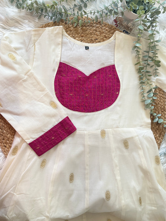 QS735- Golden Weaved Panel Cut Cotton Kurta