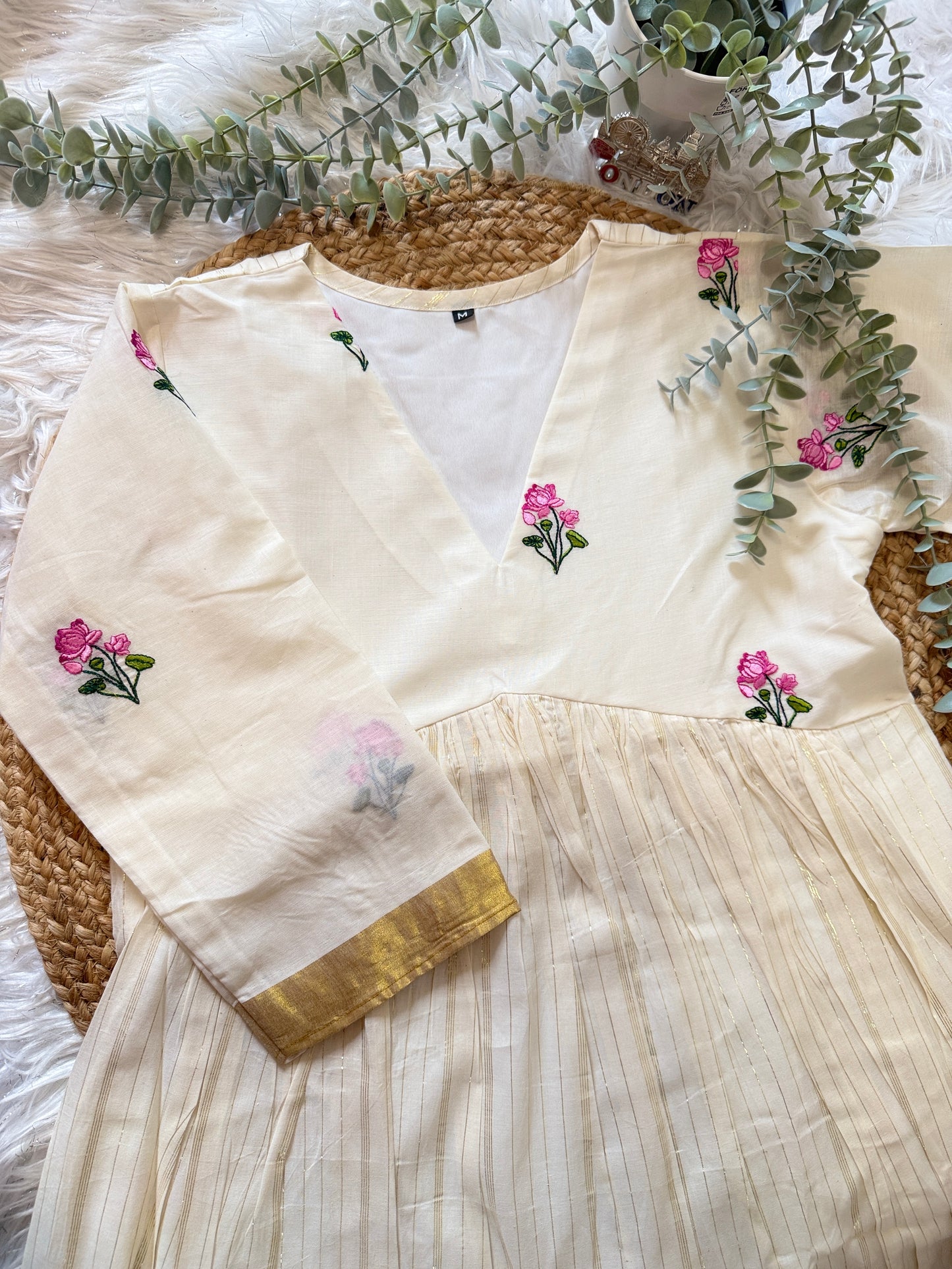 QS733- Lotus Embroidery Cotton Lurex Kurta
