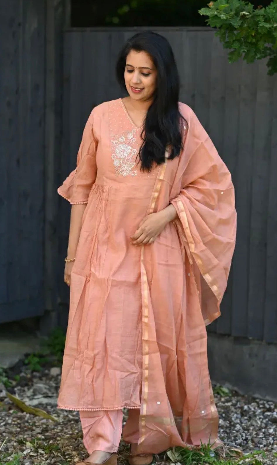 QS077 Mul Chanderi Anarkali Salwar Suit Set