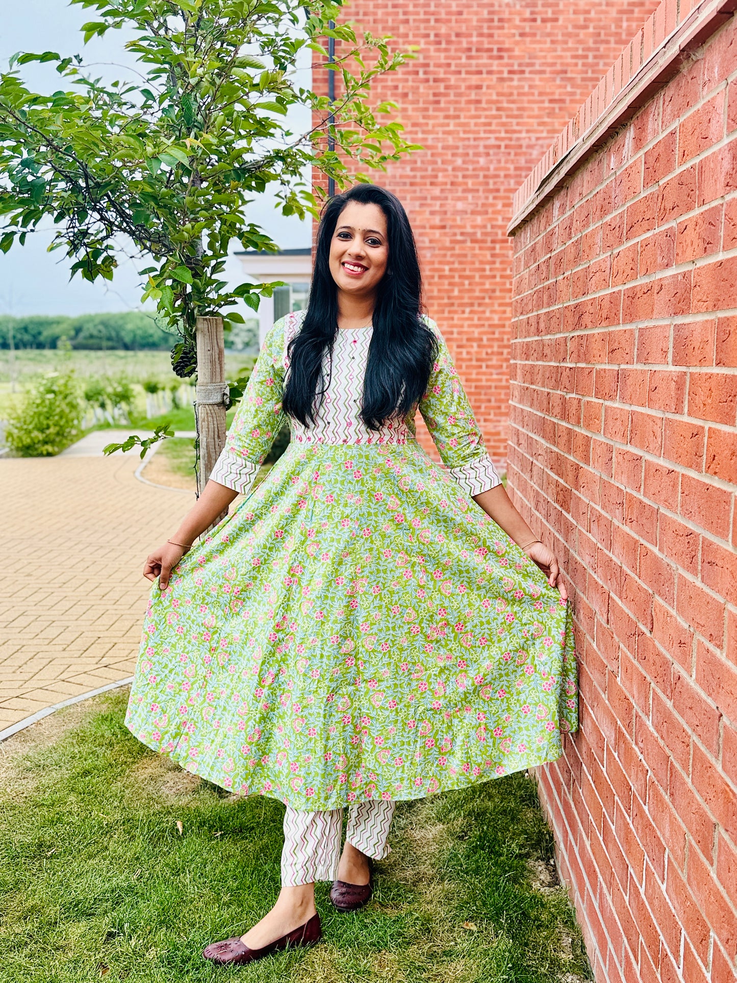 QS333-Green & White Cotton Coord Set