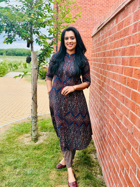 QS436-Navy Blue & Brown Coord Set