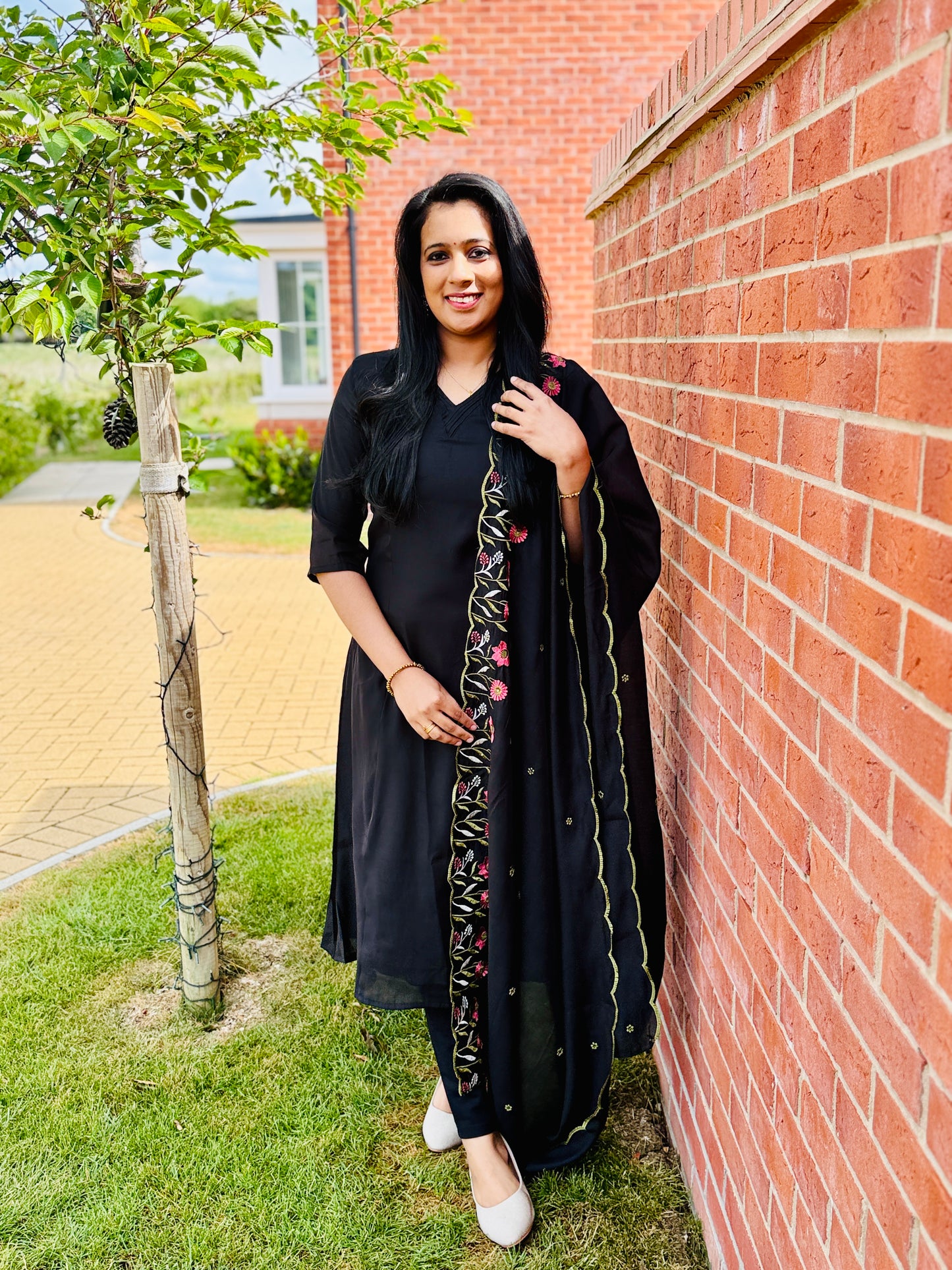 QS334 Black Mul Chanderi Top & Dupatta Set