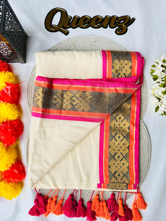 QMC027 Multi Color Kanchi Border Mul Cotton Saree