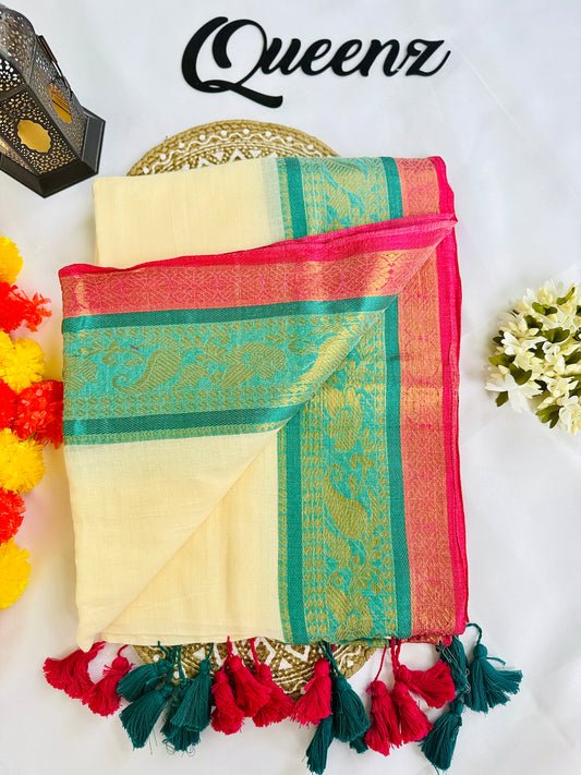 QMC019-  Multicolor Kanchi Border Mul Cotton Saree