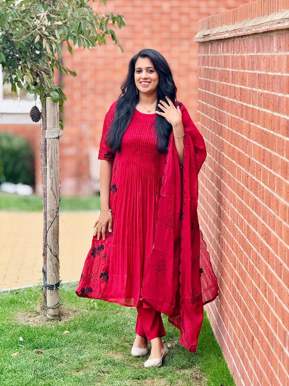 Dark Red Mulchanderi Anarkali