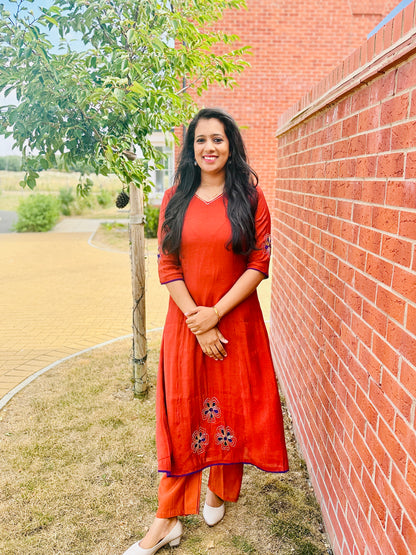 QS818-Rust Orange MulChanderi Coord Set