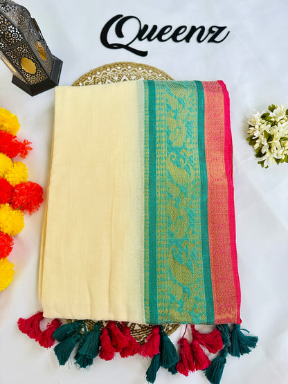 QMC019-  Multicolor Kanchi Border Mul Cotton Saree