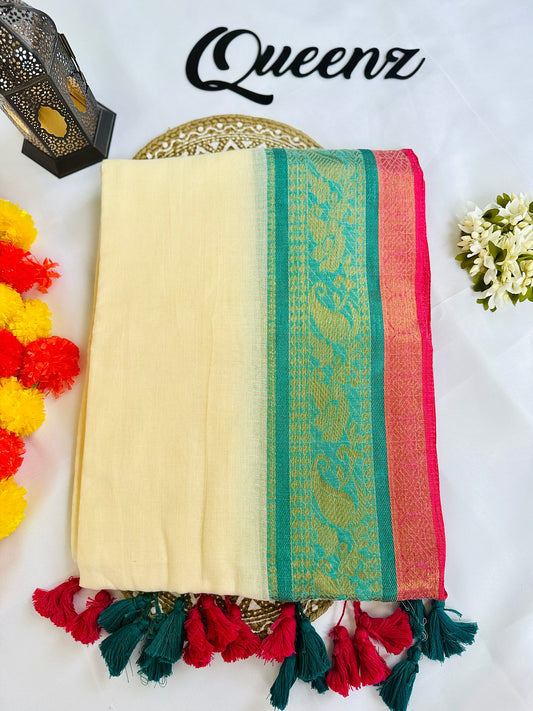 QMC019-  Multicolor Kanchi Border Mul Cotton Saree