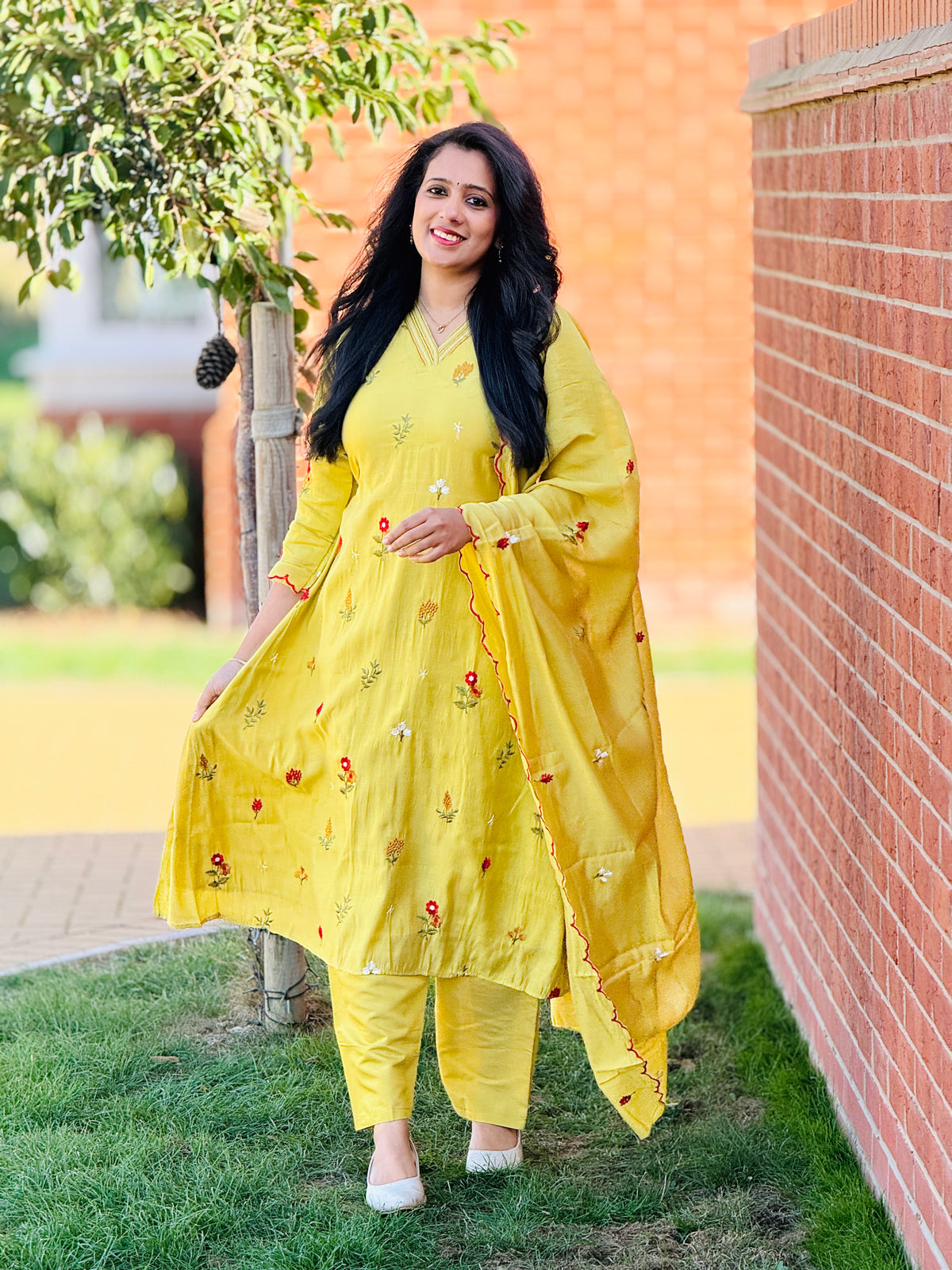 Pastel Yellow Mul Chanderi A-line Anarkali Set