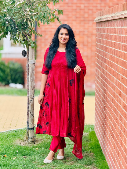 Dark Red Mulchanderi Anarkali