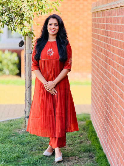Rust Orange Mul Chanderi  Coord Set