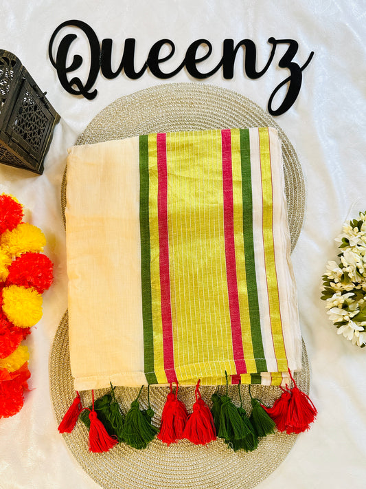 QMC006-  Green and Red line  Border Mul Cotton Saree
