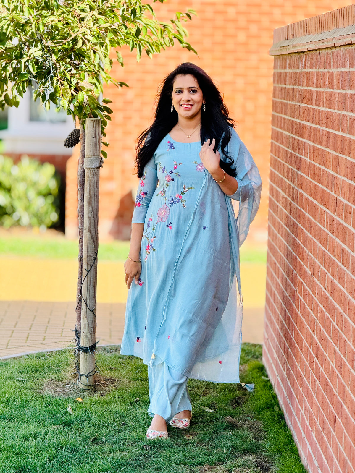 Ice Blue Mulchanderi Anarkali Set