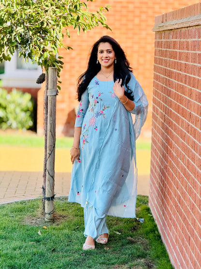 Ice Blue Mulchanderi Anarkali Set