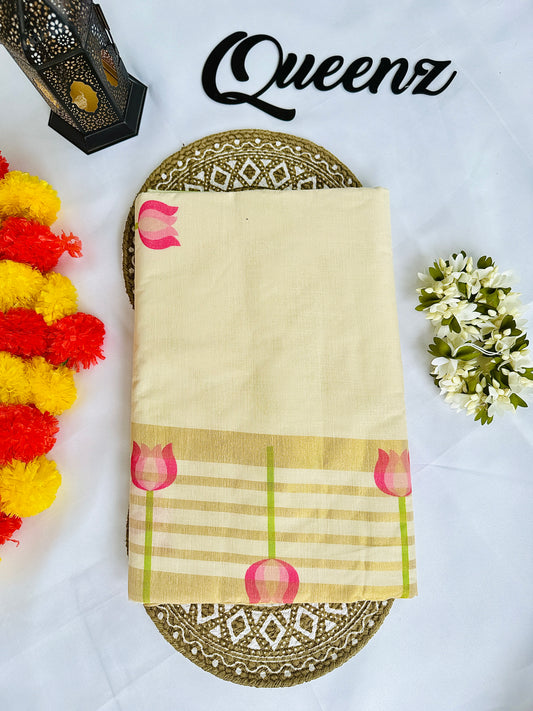 SS385-Lotus Printed Think Kata Saree