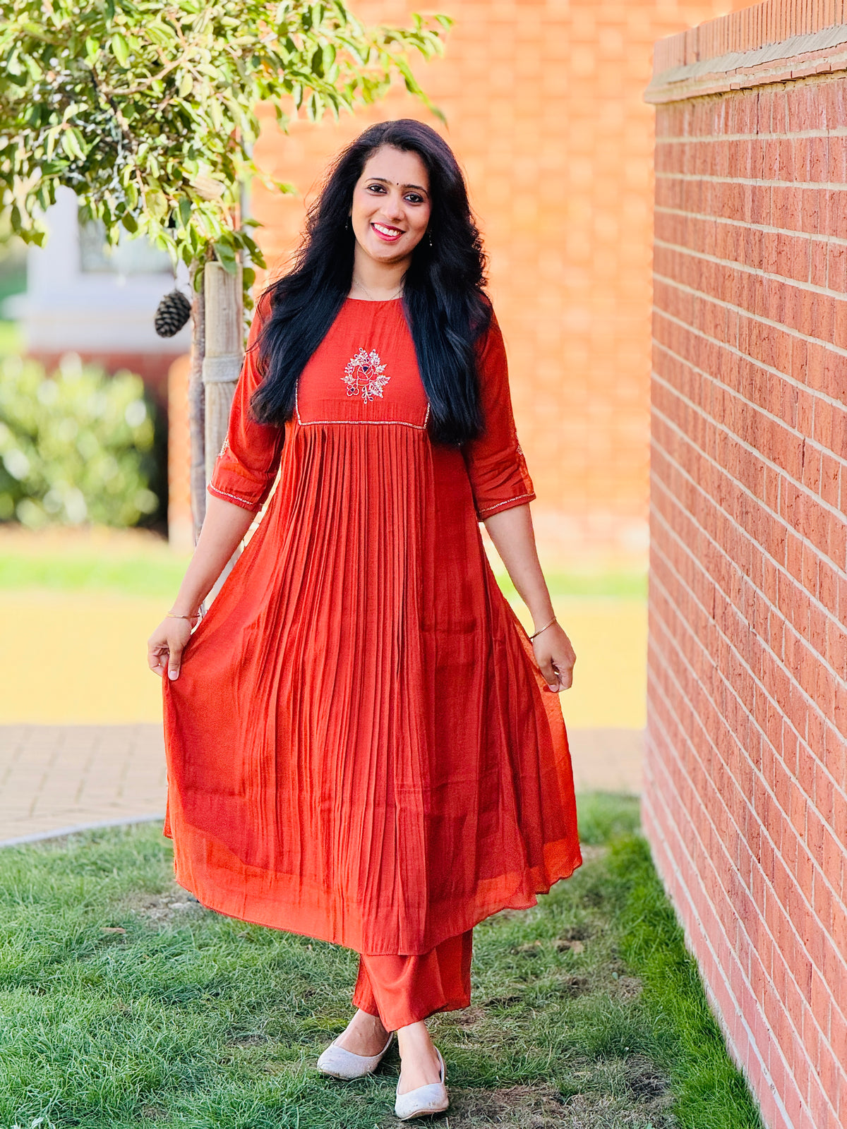 Rust Orange Mul Chanderi  Coord Set