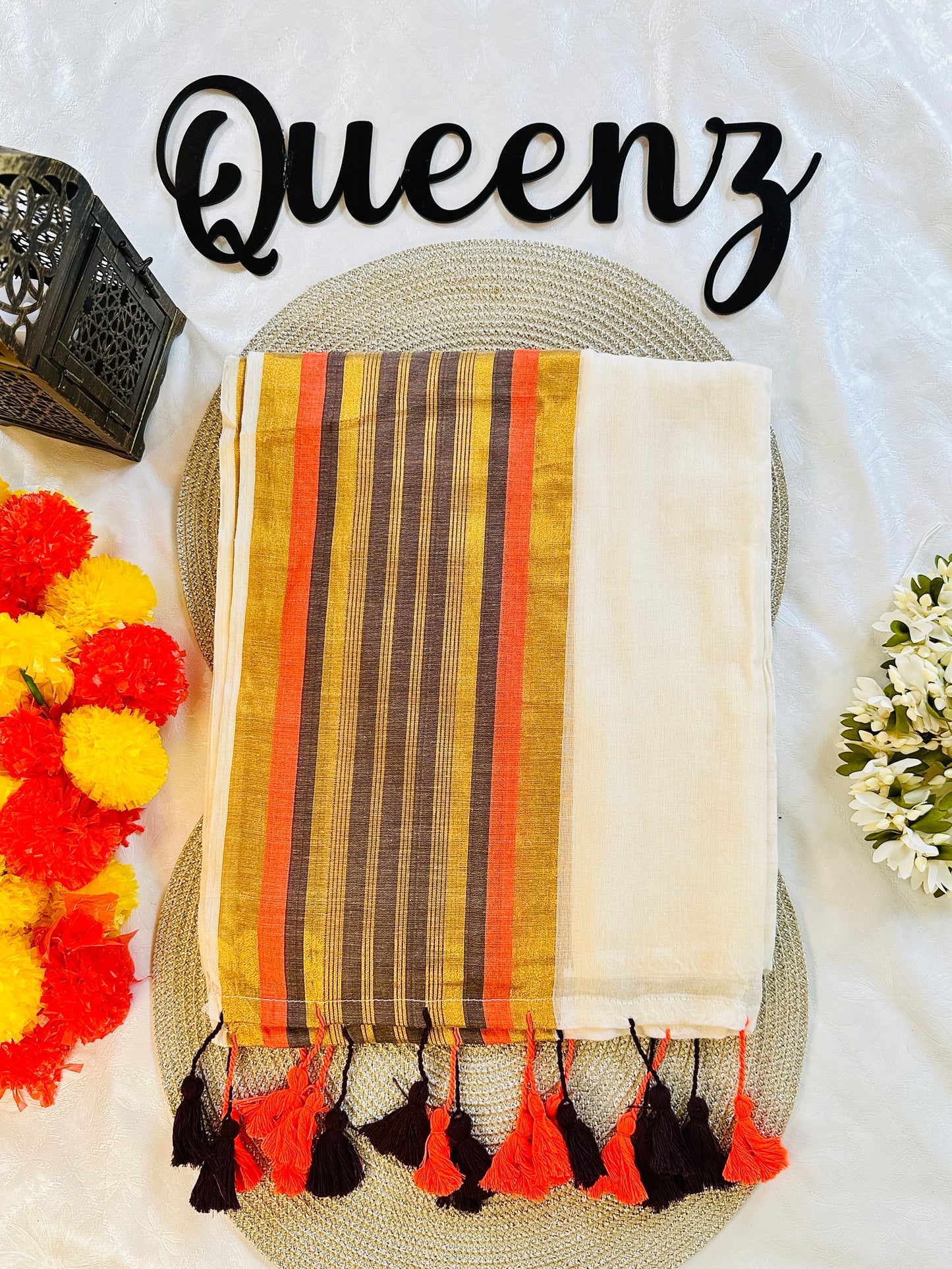 QMC009- Purple and Orange line  Border Mul Cotton Saree