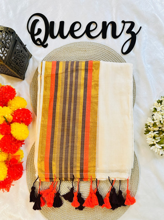 QMC009- Purple and Orange line  Border Mul Cotton Saree