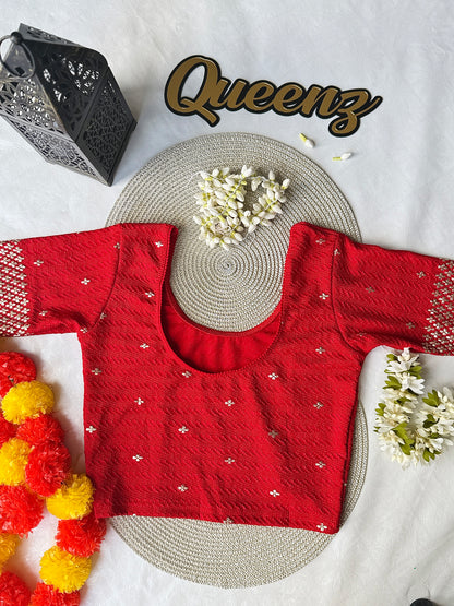 QB142- Red Strechable Elbow Sleeves Blouse
