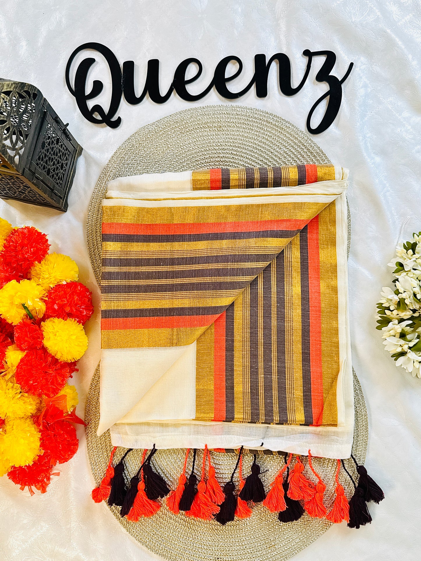 QMC009- Purple and Orange line  Border Mul Cotton Saree