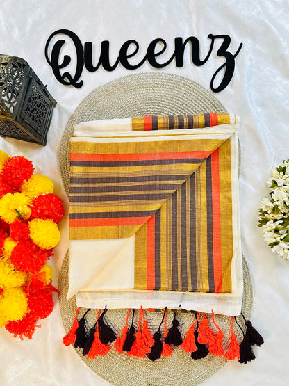 QMC009- Purple and Orange line  Border Mul Cotton Saree