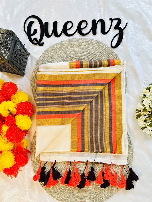 QMC009- Purple and Orange line  Border Mul Cotton Saree