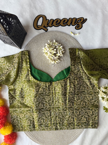 QB141- Green Brocade Blouse Elbow Sleeves
