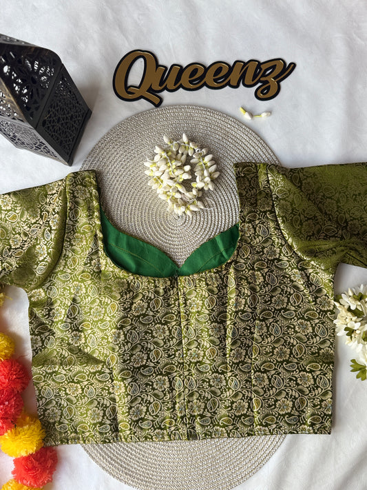 QB141- Green Brocade Blouse Elbow Sleeves
