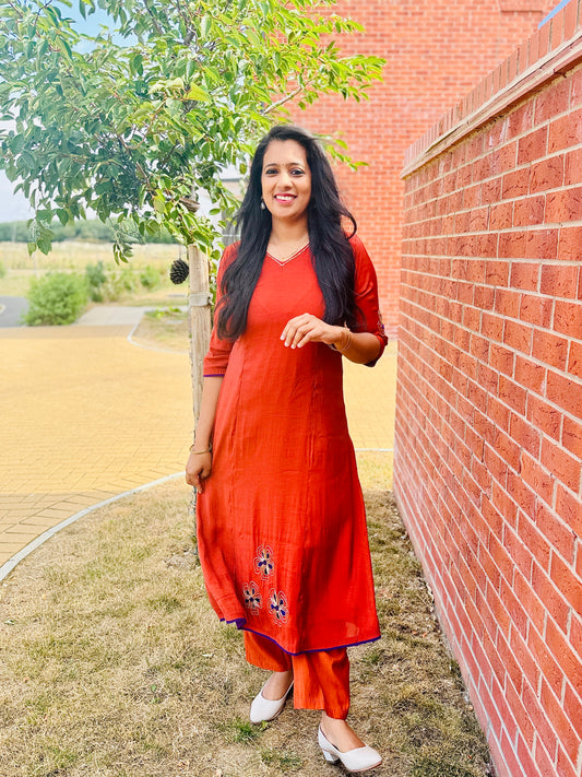 QS818-Rust Orange MulChanderi Coord Set