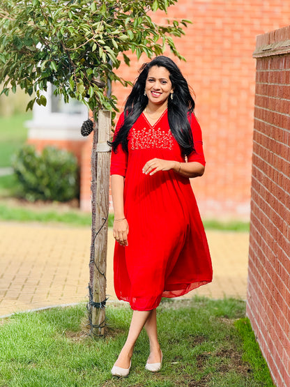 Chilly Red Pleated Georgette Kurta – view 2 of 4