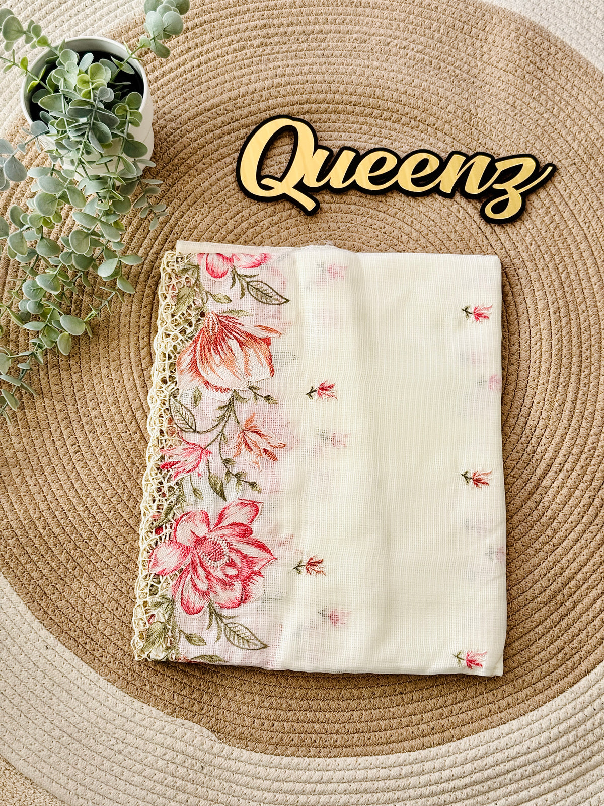 Premium White Kota Cut work Embroidery Saree