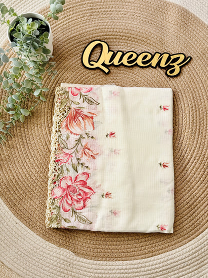 Premium White Kota Cut work Embroidery Saree
